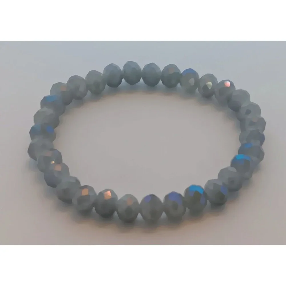 6 mm Blue Gray AB Faceted Rondelle Glass Stretch Bracelet 7 in